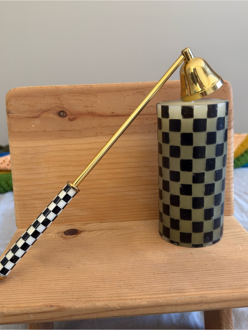 MacKenzie-Childs Black & White Checked Pilar Candle + Brass Snuffer Set